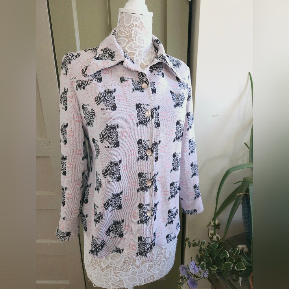 Vintage 70s Masai Mara Zebra Double Knit Polyester Western Shirt Women’s Small